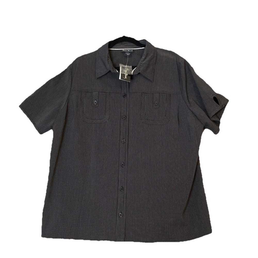 Maggie Barnes Womens 1X 18/20 Button Down Shirt Black Pinstripe Short Sleeve New
